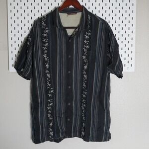 Tommy Bahama XL Silk Linen Button Down Shirt Black Striped Bamboo‎ Tropical